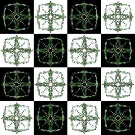 Texture with black white square cell and green fractal pattern