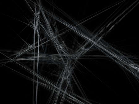 3D rendering with abstract fractal with a chaotic accumulation of gray beams.