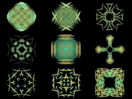 Set of green abstract fractal pattern on black backgroundの写真素材