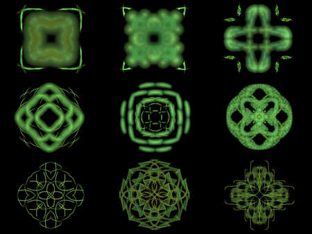 Set fractal abstract green patterns on a black backgroundの写真素材