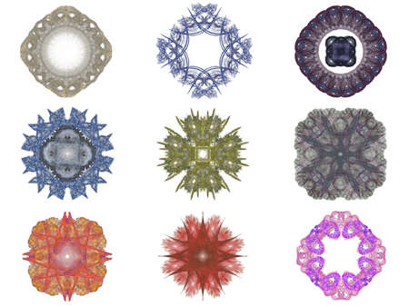 Set of different colored patterns on an abstract fractal.