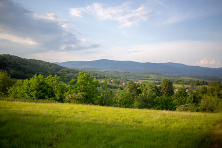 A serene landscape featuring a lush green field, trees, rolling hills, and a backdrop of majestic mountains under a partly cloudy sky.の写真素材