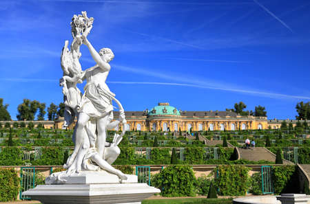 Potsdam, Germany - September 18, 2020: Visiting the royal palace und park Sanssouci in Potsdam on a sunny day in September. View on the the south facing garden faÃ§ade.のeditorial素材