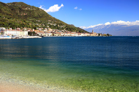 View of Salo across Lake Garda. Italy, Europe.の写真素材
