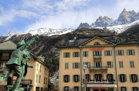 Chamonix, France â February 23, 2023: Sightseeing of the Chamonix town on the Mont Blanc massif in winter.のeditorial素材