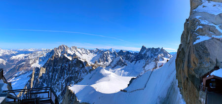 Aiguille du Midi, France â€“ February 20, 2023: Visiting the Aiguille du Midi on the Mont Blanc...