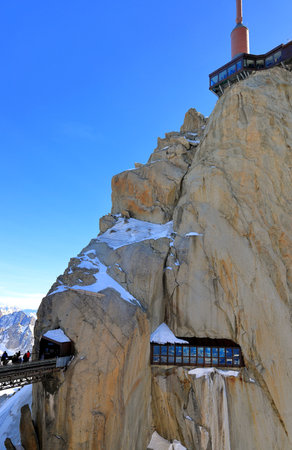 Aiguille du Midi, France â February 20, 2023: Visiting the Aiguille du Midi on the Mont Blanc massif in the French Alps in winter.のeditorial素材
