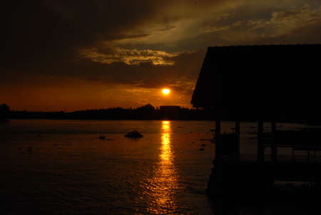 Sun set at river in Thailandの写真素材