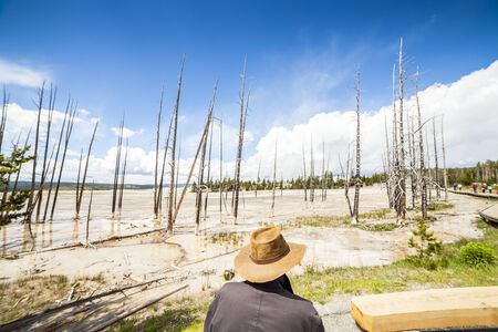 Cowboy enjoying Celestine Pool, Lower Geyser Basinの写真素材