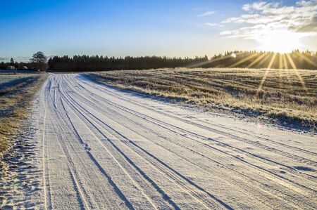 Winter landscape during freezing sun rise
