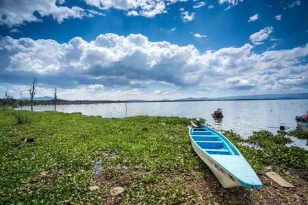 Blue canoe over Naivasha lake, Kenya, East Africaの写真素材