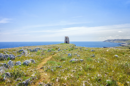 Beautiful mediterranean landscape with medieval tower, Puglia, Italyの写真素材