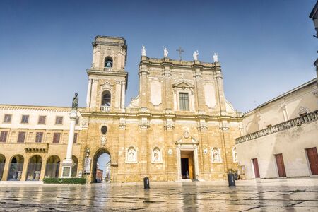 Cathedral and monument in city center of Brindisi, Puglia, Italyの写真素材