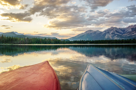 Edith Lake with boats at sunset, Jasper, Alberta, Canada