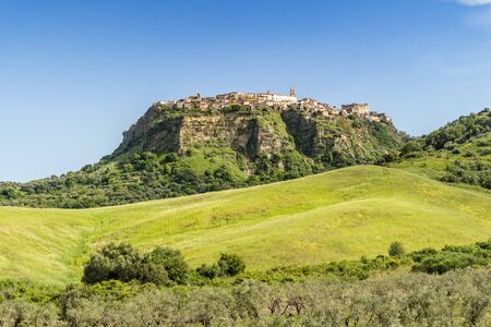 View of historic Santa Severina located in hilly region of Calabria, Italyの写真素材