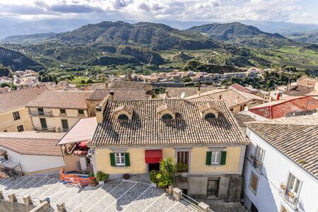 View of historic Santa Severina located in hilly region of Calabria, Italyの写真素材