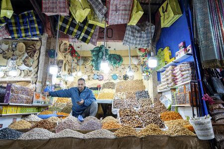 Marrakech, Morocco - January 7,2020: Arabic shop with grains, dry fruits, nuts and bags located in old town of Marrakechのeditorial素材