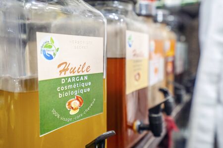 Marrakech, Morocco - January 15, 2020: Variety of argan oils in shop in old townのeditorial素材