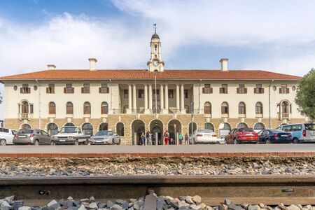Train station building with rail trucks in the foreground, Pretoria, South Africaの写真素材