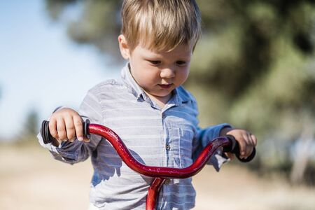 Portrait of cute toddler on bicycle in the natureの写真素材