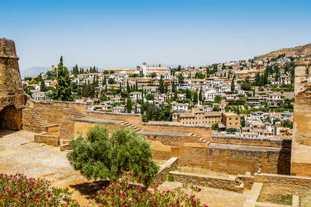 Alhambra palace complex in the foreground and city of Granada in the background, Andalusia, Spainのeditorial素材