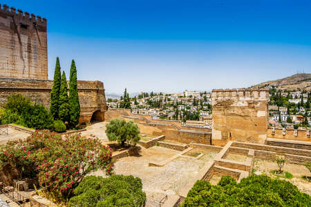 Alhambra palace complex in the foreground and city of Granada in the background, Andalusia, Spainのeditorial素材