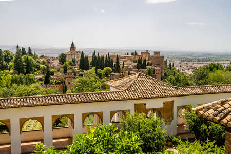 Generalife Moorish palace with green courtyard in Alhambra, Granada, Spainのeditorial素材
