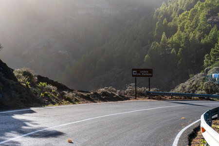 The sign Caldera Los Marteles means the viewpoint of Caldera Los Marteles peak, Gran Canaria, Canary...