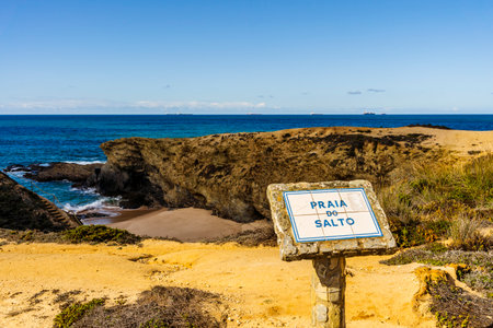 Sign Praia do Salto what translates to Salto Beach on Vicentina Route, Alentejo, Portugalの写真素材