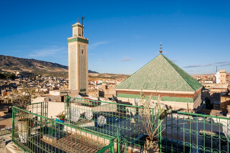 Famous al-Qarawiyyin mosque and University in heart of historic downtown of Fez, Morocco, North Africa.の写真素材