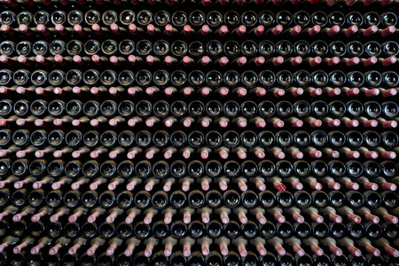 Many bottles in a row stacked on a winery shelf, Lanzarote, Spain