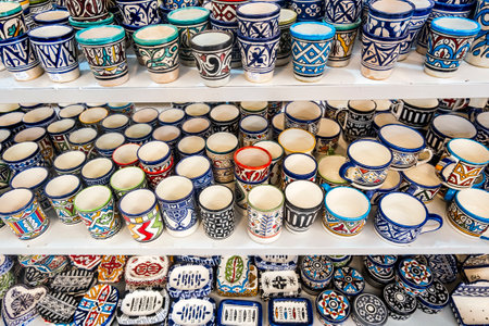 Shelves full of handmade ceramic products in pottery factory in Fez, Morocco, North Africaの写真素材