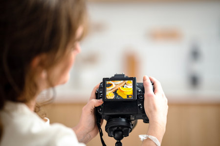 A female photographer taking photo of traditional Portuguese sweets - delicious Pastel de Nata,...