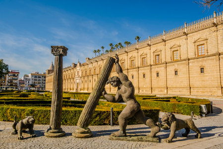 Statues in front of Andalusian Parliament, (Parlamento de AndalucÃ­a) in Seville, Spainの写真素材