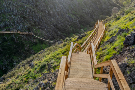 Beautiful wooden Boardwalk in the valley in Alferce, Algarve, south of Portugal
