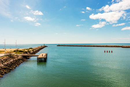 Minimalistic view of marina with small pier in Vilamoura, Quarteira, Algarve, Portugal