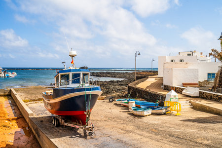 Beautiful landscape of Orzola with white architecture and boats, Lanzarote, Canary Islands, Spain