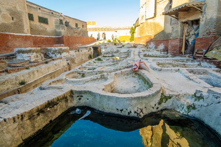 Tannery Tanks in Fes, Morocco for Dyeing Leatherの写真素材