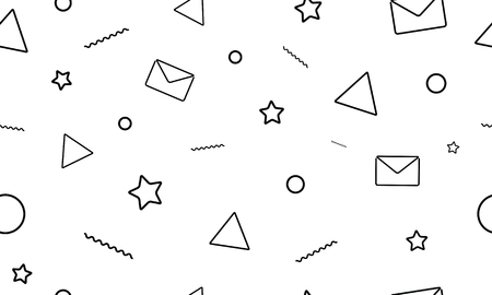 Modern minimalistic style seamless pattern on the white background. Letters, e-mail, stars and triangle icons. Trendy abstract background with random shapes for print, cover, textile, brochure and web.の写真素材