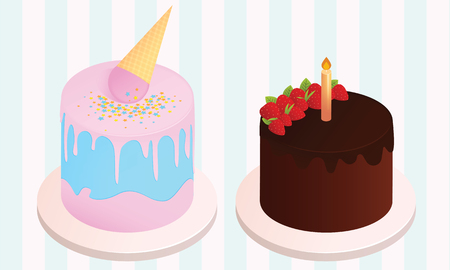 Set of birthday cakes. Birthday party elements. Vector illustration of different types of beautiful modern cakes. Pink and blue ice cream cake and chocolate cake with strawberries and candle.のイラスト素材