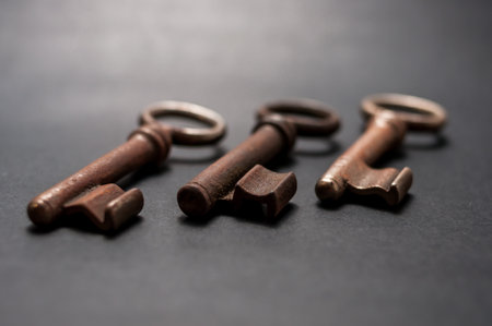 Still life with tumble keys lying diagonally next to each other. These are of different ages and rusted. The background is blackの写真素材