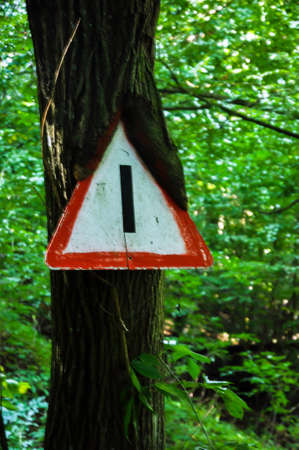 Triangular traffic sign, which over the years has grown together with a tree, the stake no longer exists.の写真素材