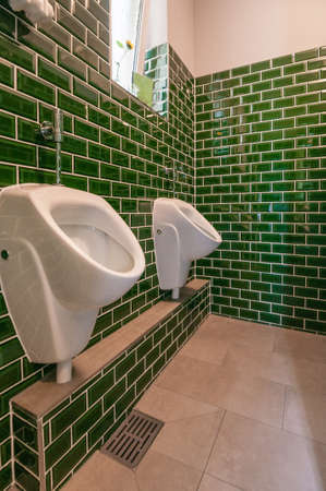 Glance into an extraordinary guest toilet. with two urinals. The small green tiles are particularly noticeableの写真素材