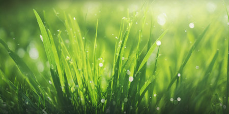 Fresh green grass with dew drops close up with AI generated.の素材