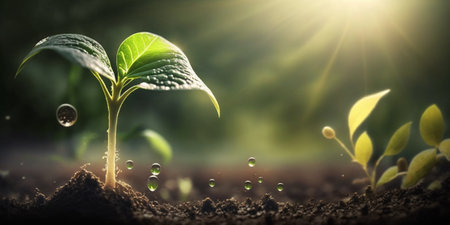 Plant seedling growing from soil. Environment and ecology concept with AI generated.の素材