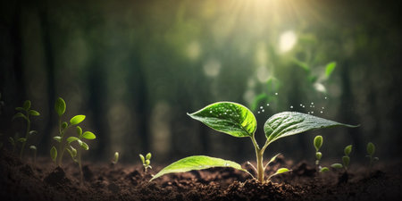 Plant seedling growing from soil. Environment and ecology concept with AI generated.の素材