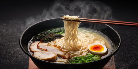 Japanese ramen noodle in bowl on black wooden table with AI generated.の素材