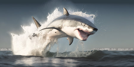 The shark is jumping and attacking from the sea surface with AI generated.の素材