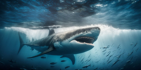 The shark is swimming in underwater with AI Generated.の素材