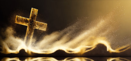 The faith cross and splashing sand with AI generated.の素材